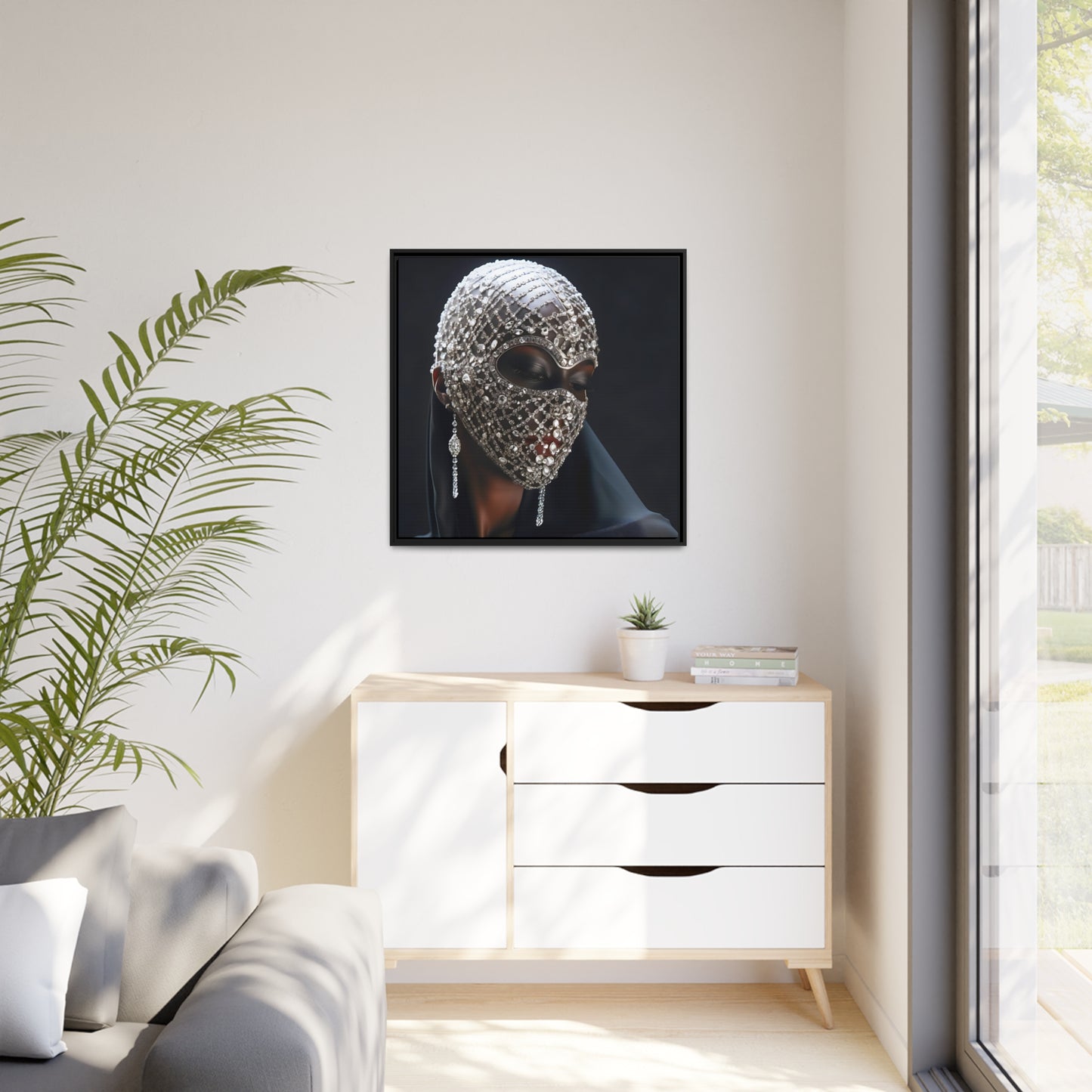 Abstract Woman with Diamond Mask Matte Canvas, Black Frame - Wall Art - Digital Print - Gift Ideas - Owndigiart