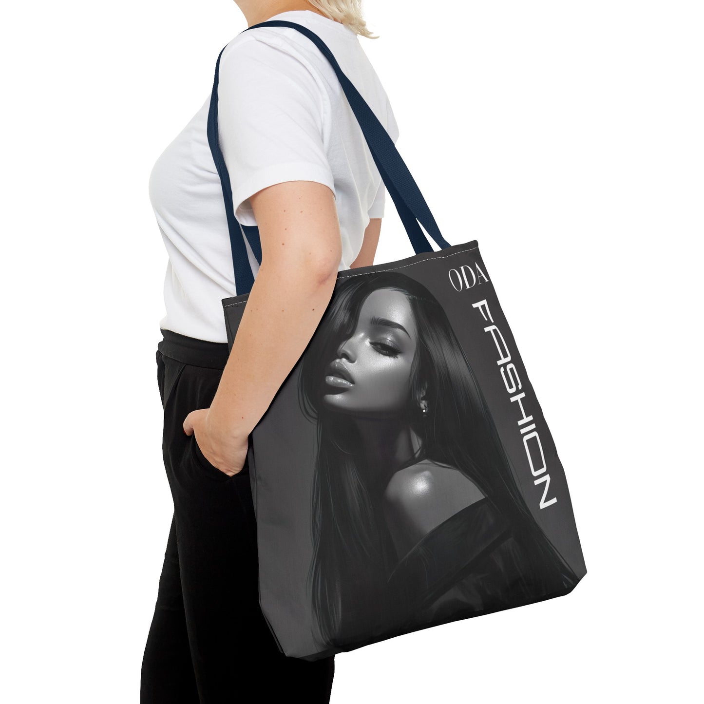 Chic Tote Bag with Digital Print - Woman in Black and Grey - 'ODA Fashion' Statement Piece - Unique Gift Idea - On Trend - Owndigiart