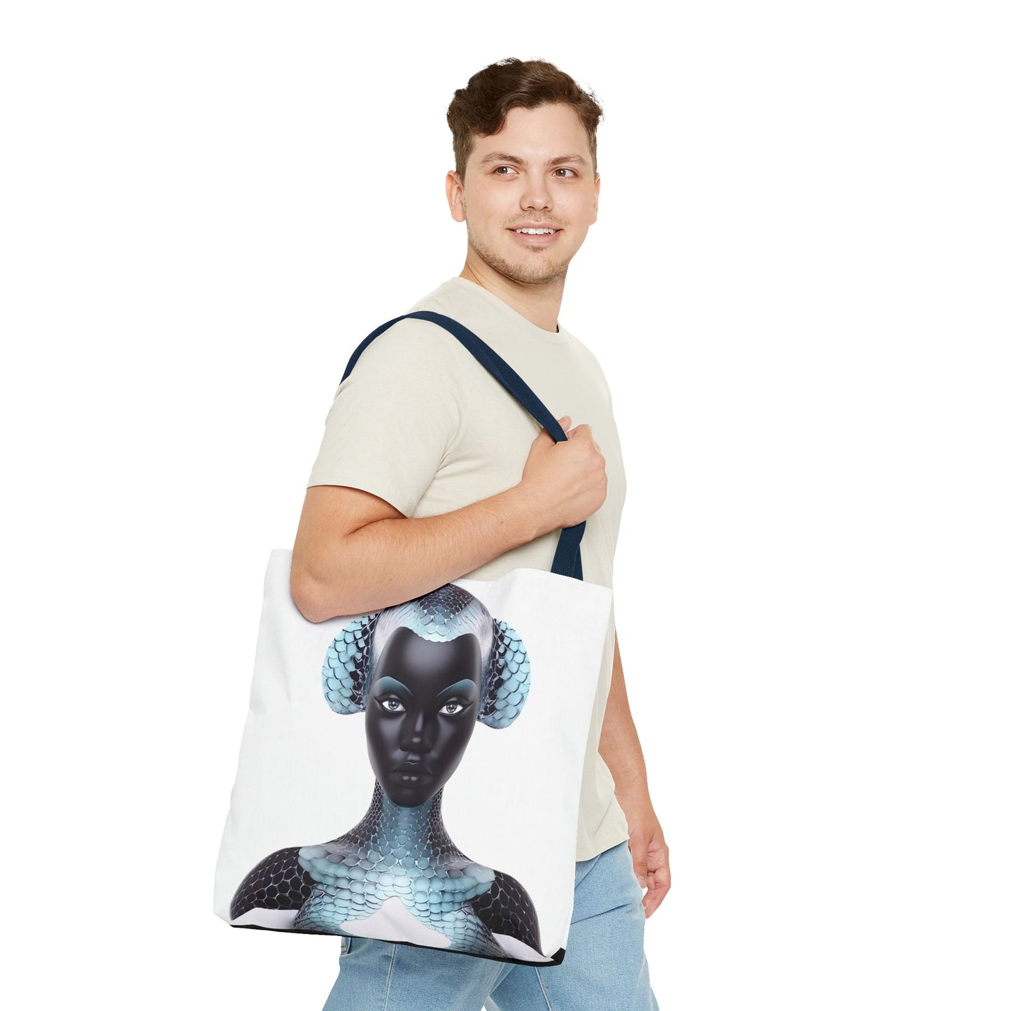 Blue Texture - AI Art - Abstract Woman with Fish Scale Textures - Tote Bag - Gift Idea - Fashion Accessories - Black Art - Owndigiart