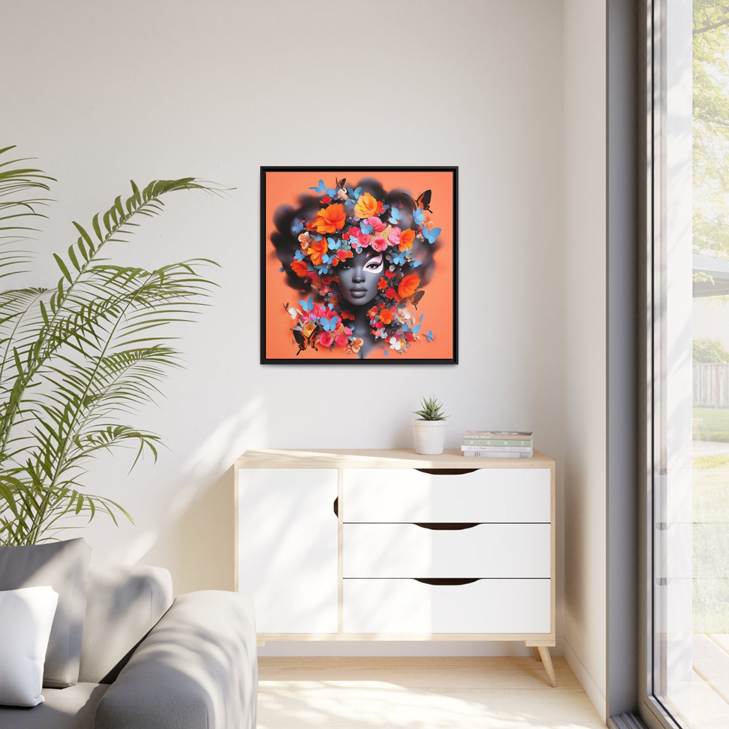 Modern Wall Decor - Black Woman Art with Floral AccentsMatte Canvas, Black Frame - Owndigiart