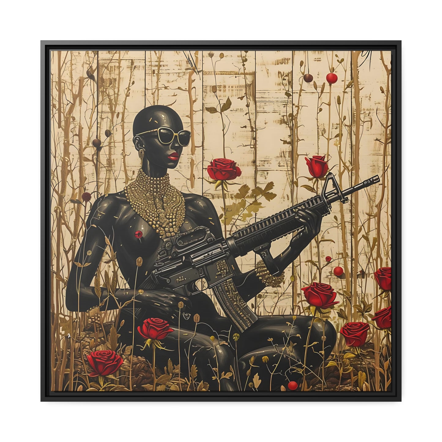 Empowering African Woman Canvas Print - Artistic Setting with Red Roses - Matte Canvas, Black Frame