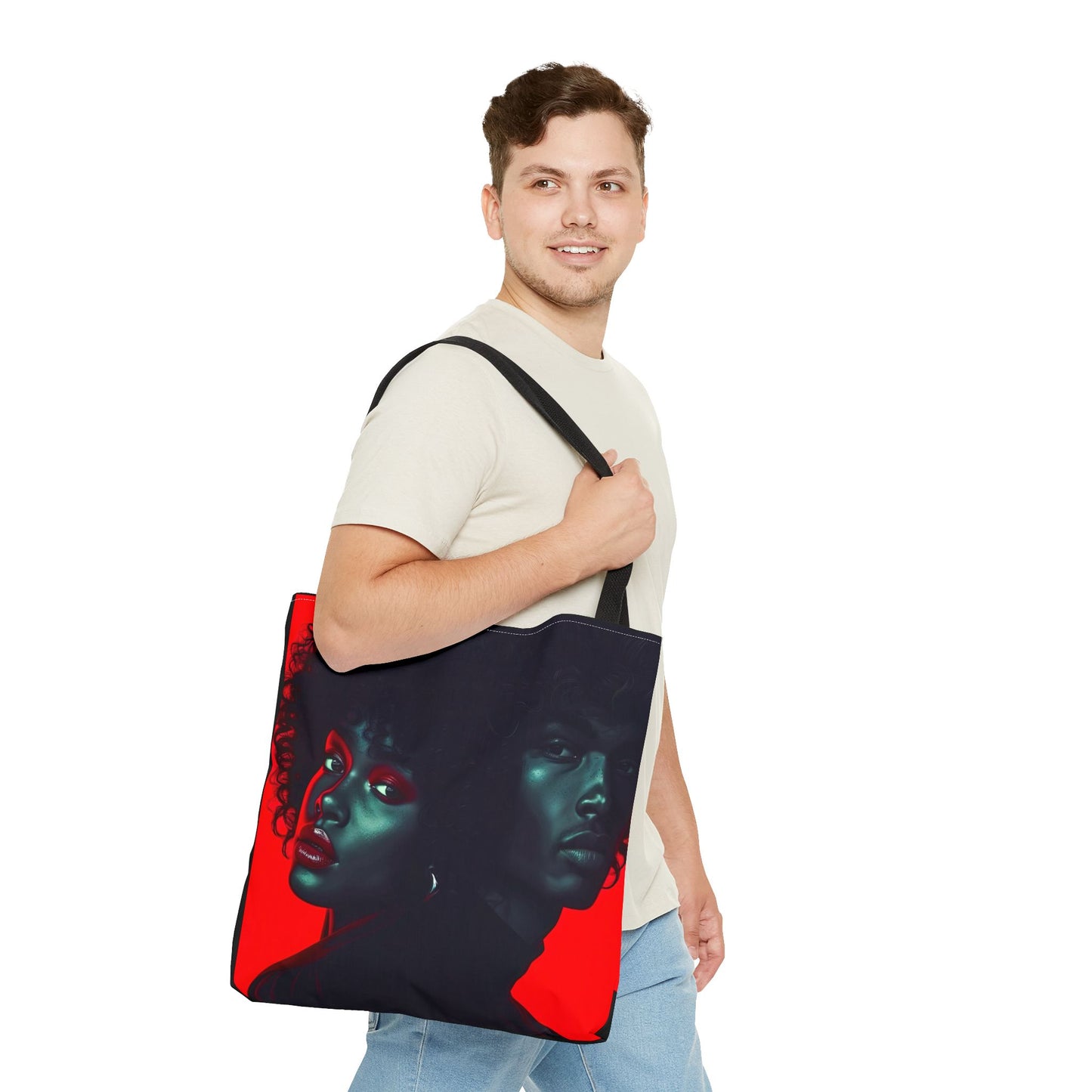 Retro Afro Couple Tote Bag - Stylish Red and Black Digital Print - Unique Fashion Accessory - Tote Bag (AOP) - Gift Idea