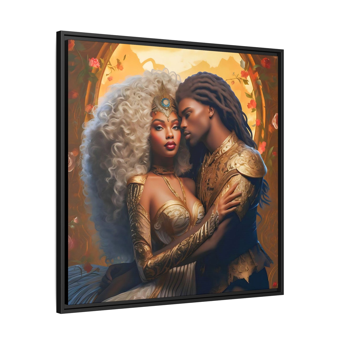 Black Goddess and Prince Fantasy Gold Digital Canvas Print - Matte Canvas, Black Frame - Wall Art - Black Fantasy - Art - Home Decor