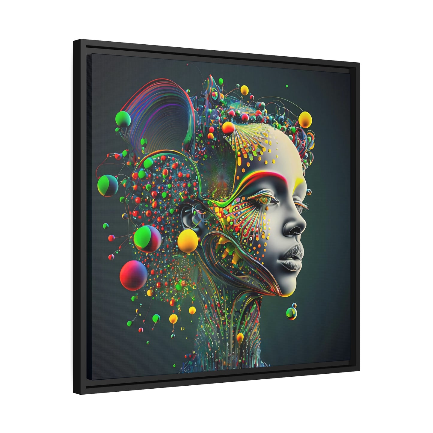 Kleurexplosie Abstract portret van een vrouw - mat canvas, zwart frame actief