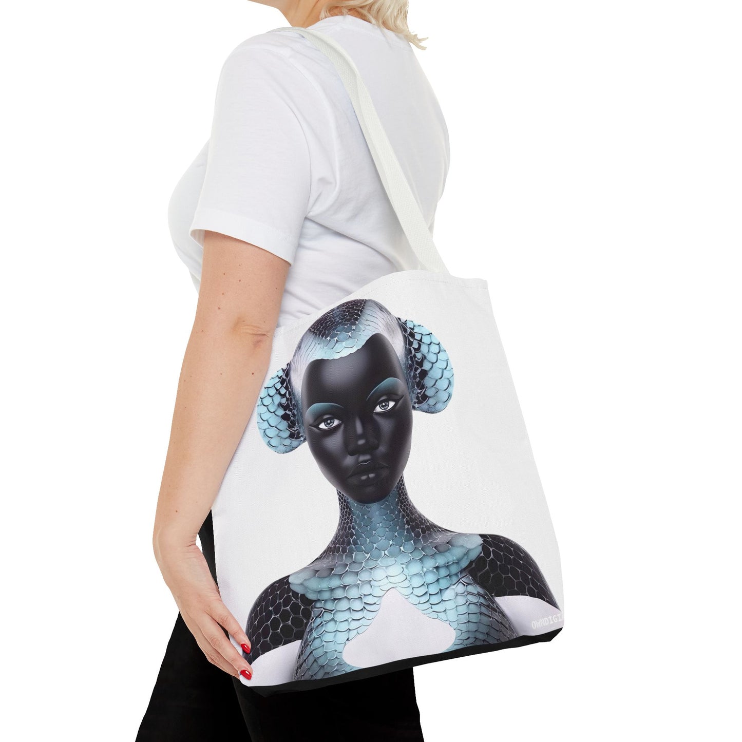 Blue Texture - AI Art - Abstract Woman with Fish Scale Textures - Tote Bag - Gift Idea - Fashion Accessories - Black Art