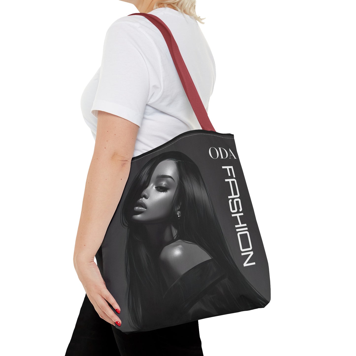 Chic Tote Bag with Digital Print - Woman in Black and Grey - 'ODA Fashion' Statement Piece - Unique Gift Idea - On Trend