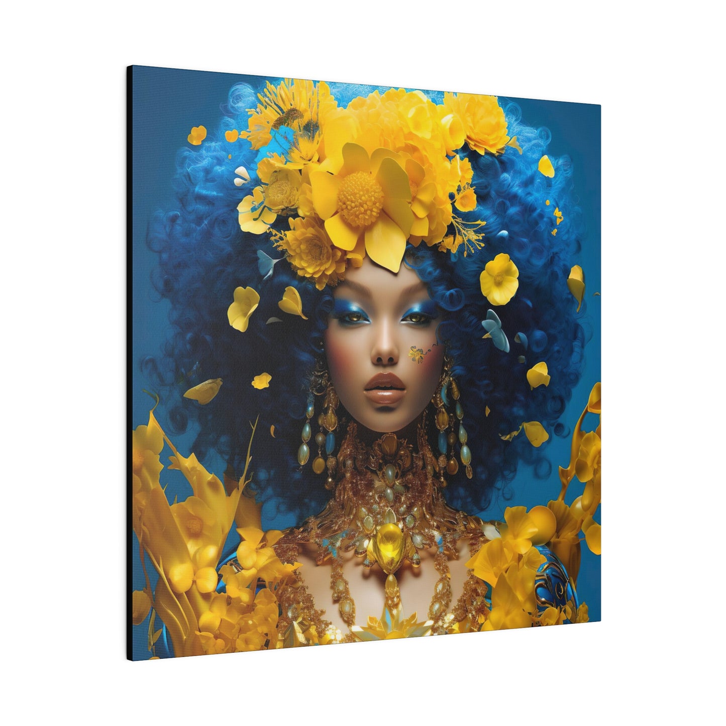 Oogverblindende digitale canvasprint: mooie vrouw met blauw haar en gouden juwelen - hedendaagse kunst aan de muur decor - mat canvas, uitgerekt, 0,75"