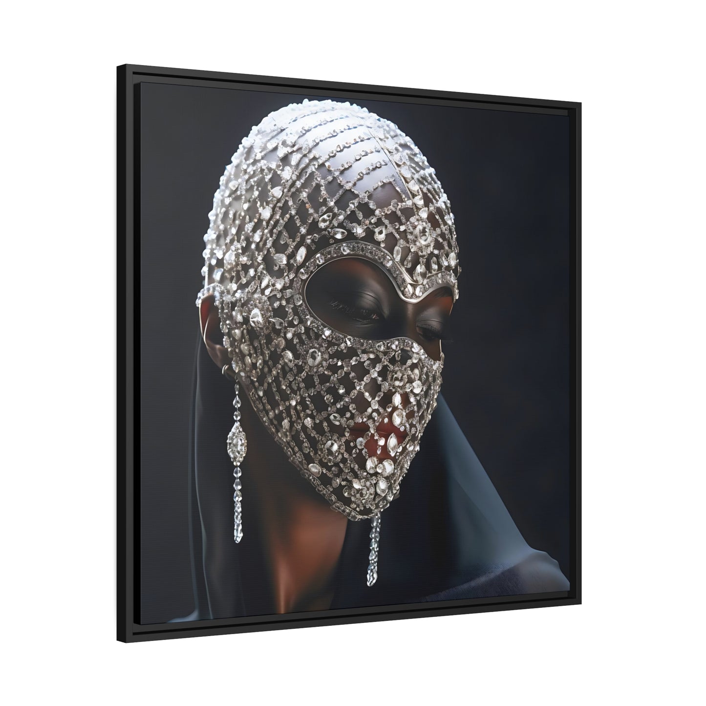 Abstracte vrouw met diamantmasker mat canvas, zwart frame - kunst aan de muur - digitale print - cadeau-ideeën