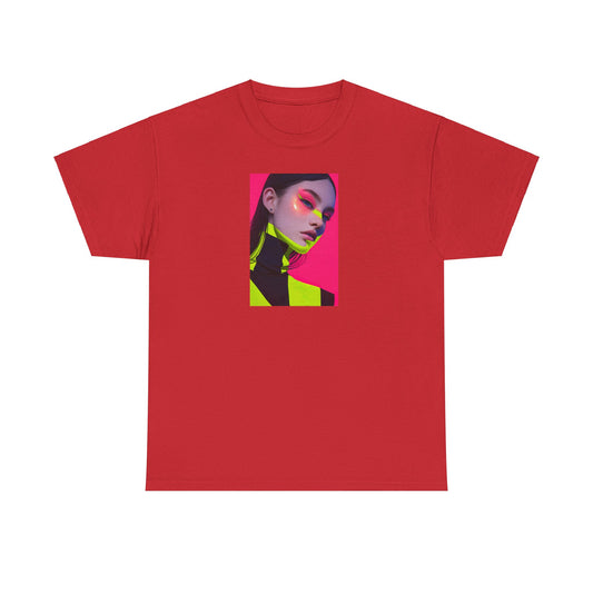 Discover the Ultimate Cyber Woman in Vibrant Pink, Black, and Yellow T-Shirt Design | Unisex Heavy Cotton Tee