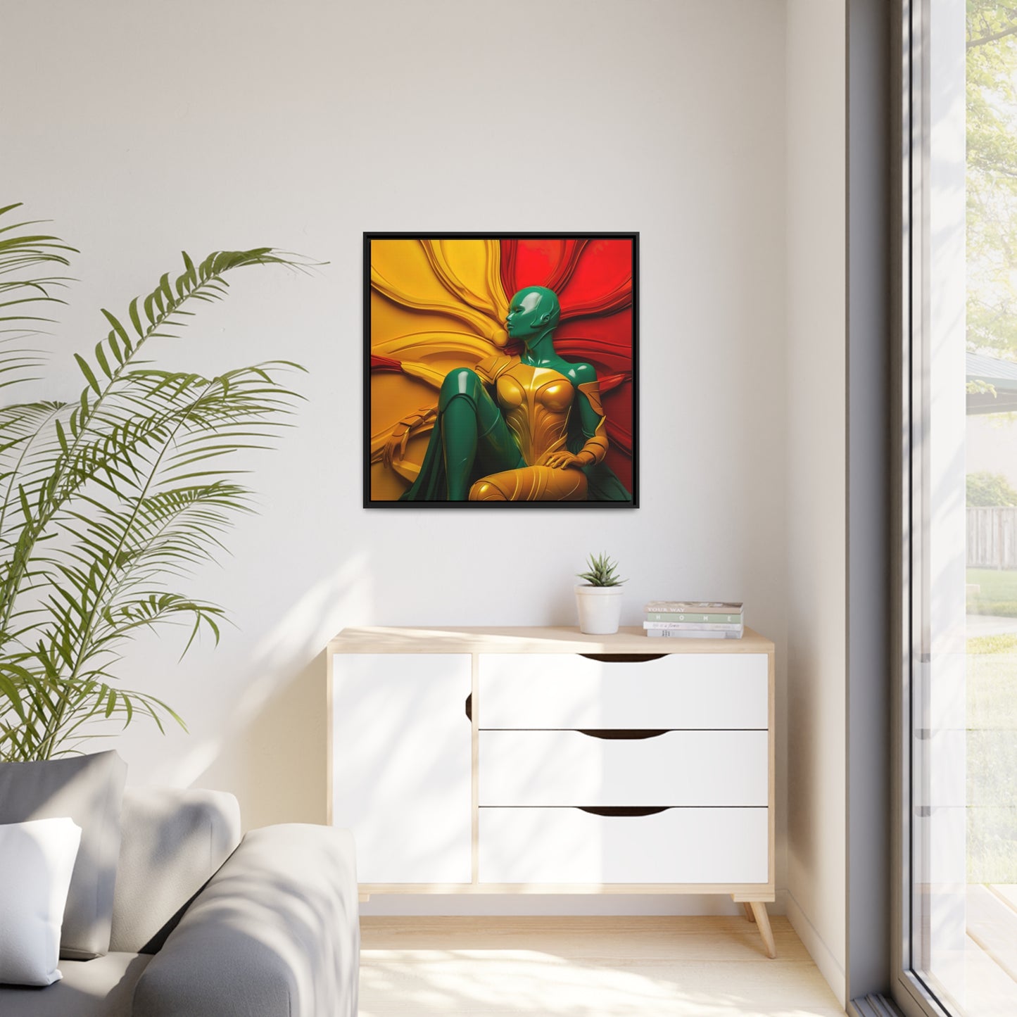 Samengevoegd in kunststof - rood, geel en groen muurkunst mat canvas, zwart frame - muurkunst - cadeau-ideeën - woondecoratie