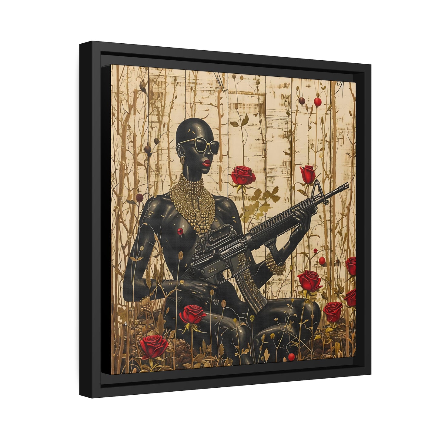 Empowering African Woman Canvas Print - Artistic Setting with Red Roses - Matte Canvas, Black Frame