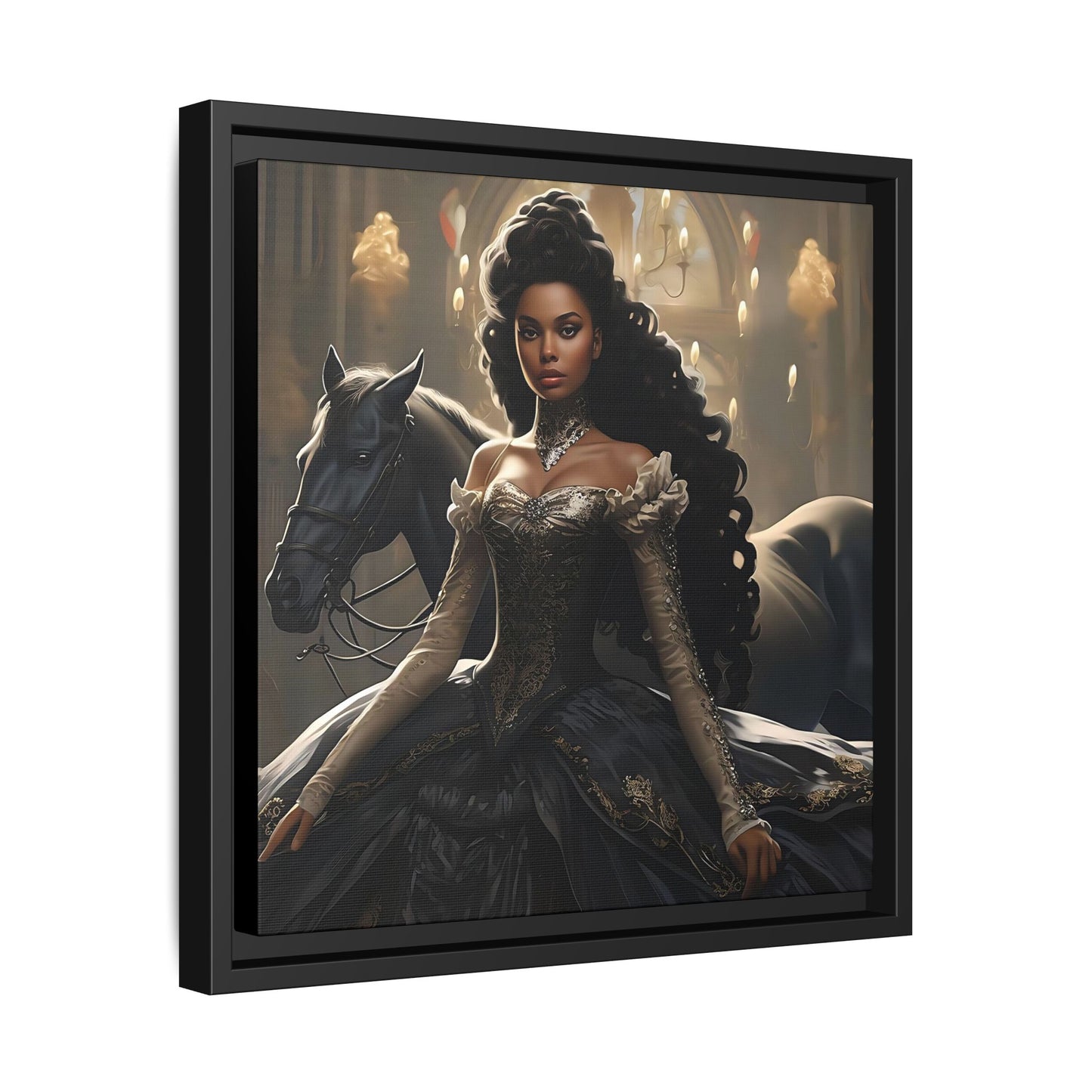 Enchanting Digital Canvas Print of a Beautiful Black Princess with Her Horse - Canvas, Black Frame - Wall Art - Fairytale Ai Art