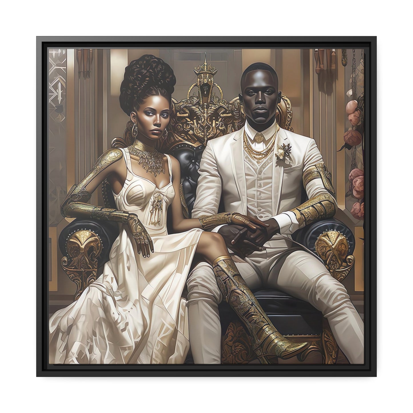 Regal Couple Matte Canvas, Zwart Frame - Muurkunst - Zwarte kunst - Ai Art --- Muurkunst - Afrofuturisme