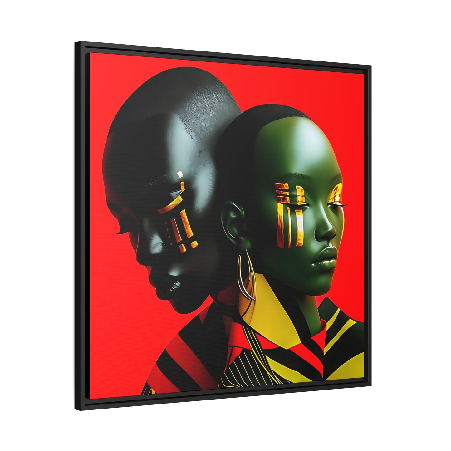 Modern Abstract Canvas Print of Black Couple - Red, Gold, Green, Black Art - Contemporary Wall Decor - Matte Canvas, Black Frame