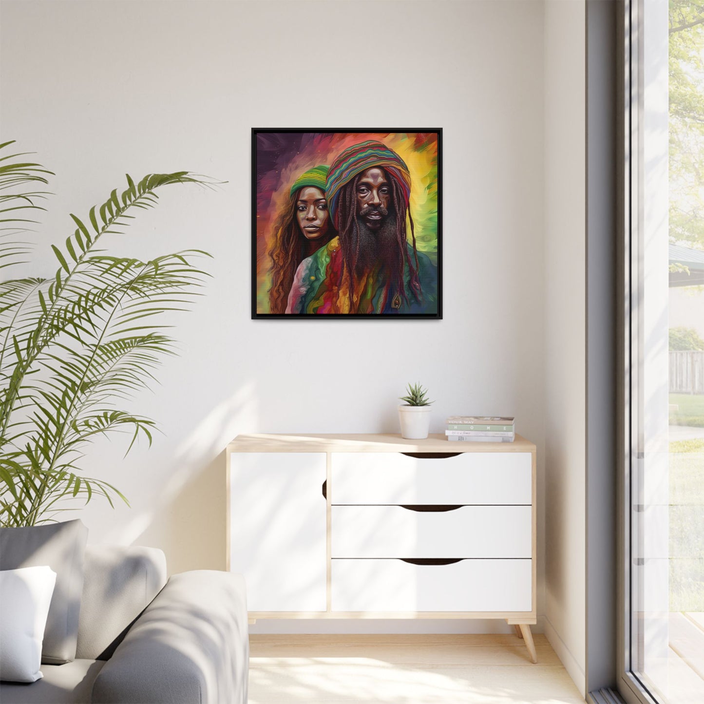 Rasta Couple Canvas Print in Red Yellow Green - Matte Canvas, Black Frame - Jamaican Inspired Wall Art - Home Decor