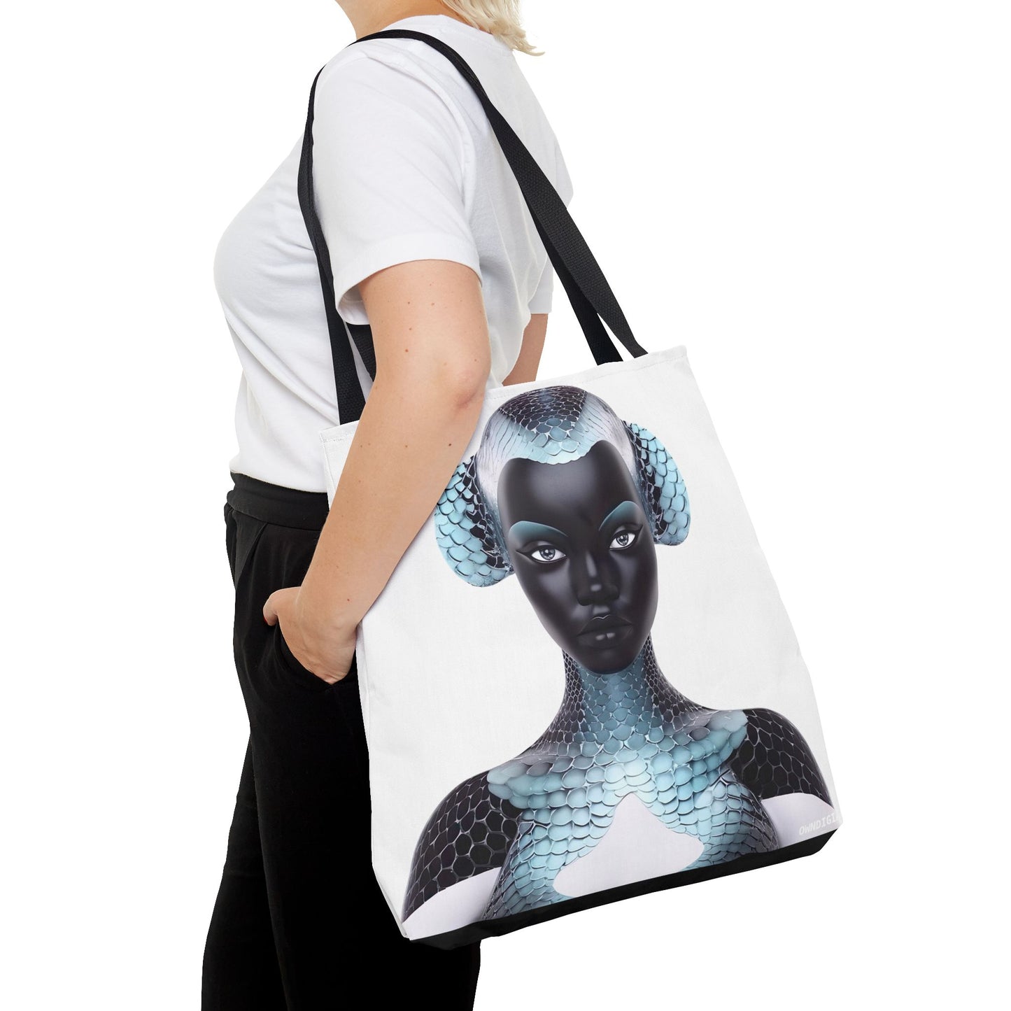 Blue Texture - AI Art - Abstract Woman with Fish Scale Textures - Tote Bag - Gift Idea - Fashion Accessories - Black Art