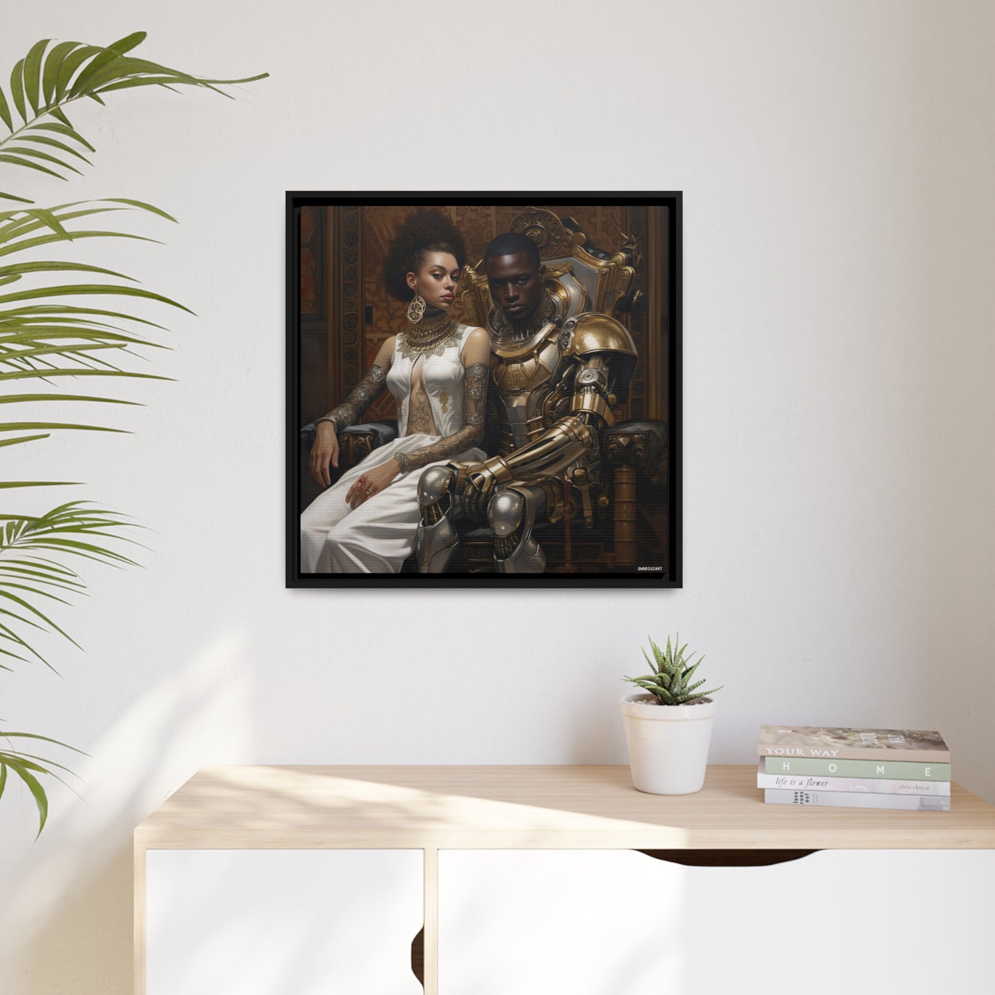 Regal Couple 03 Matte Canvas, Black Frame - Wall Art - Black Art - Ai Art --- Wall Art - Afrofuturism - Cyber Art - Modern Art