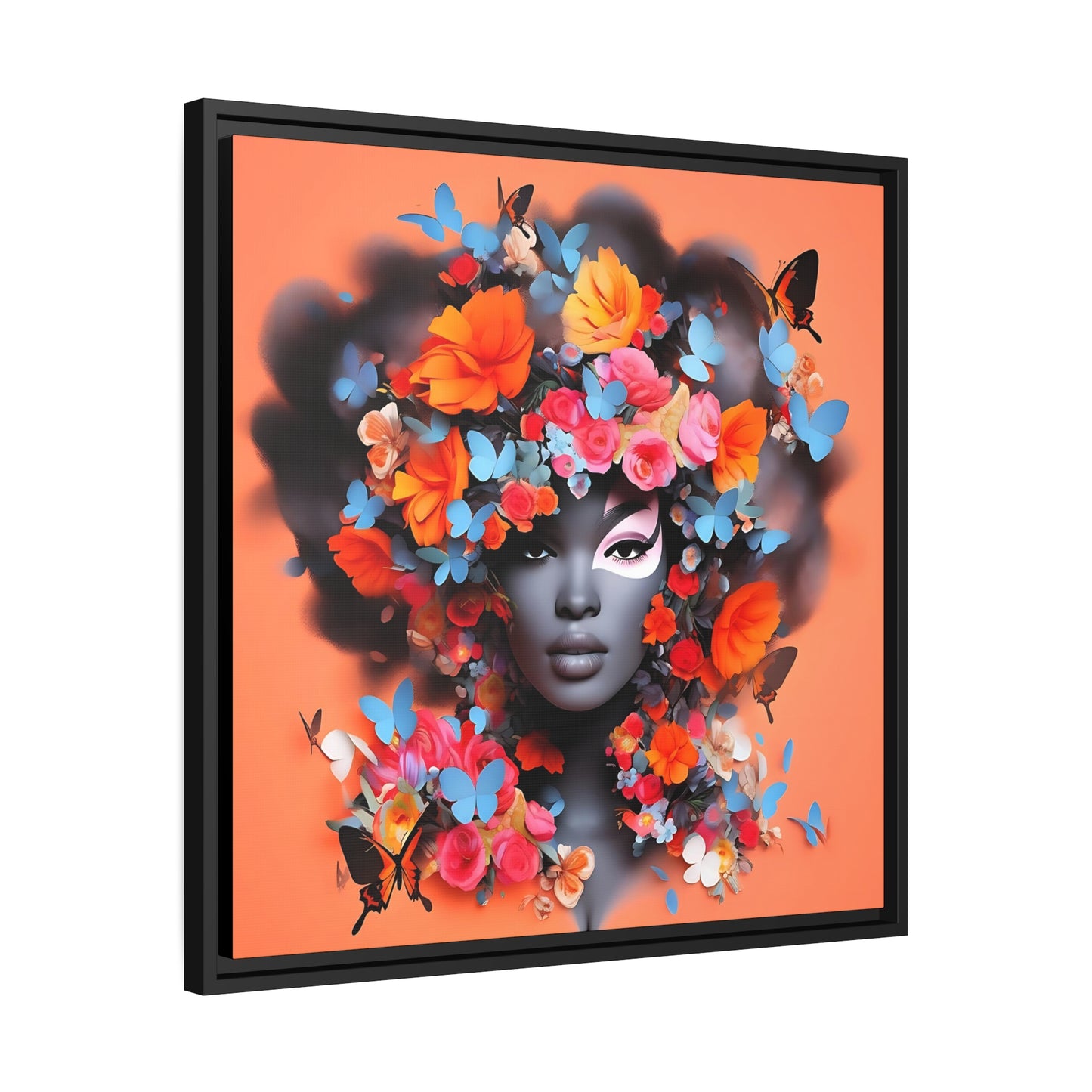 Modern Wall Decor - Black Woman Art with Floral AccentsMatte Canvas, Black Frame