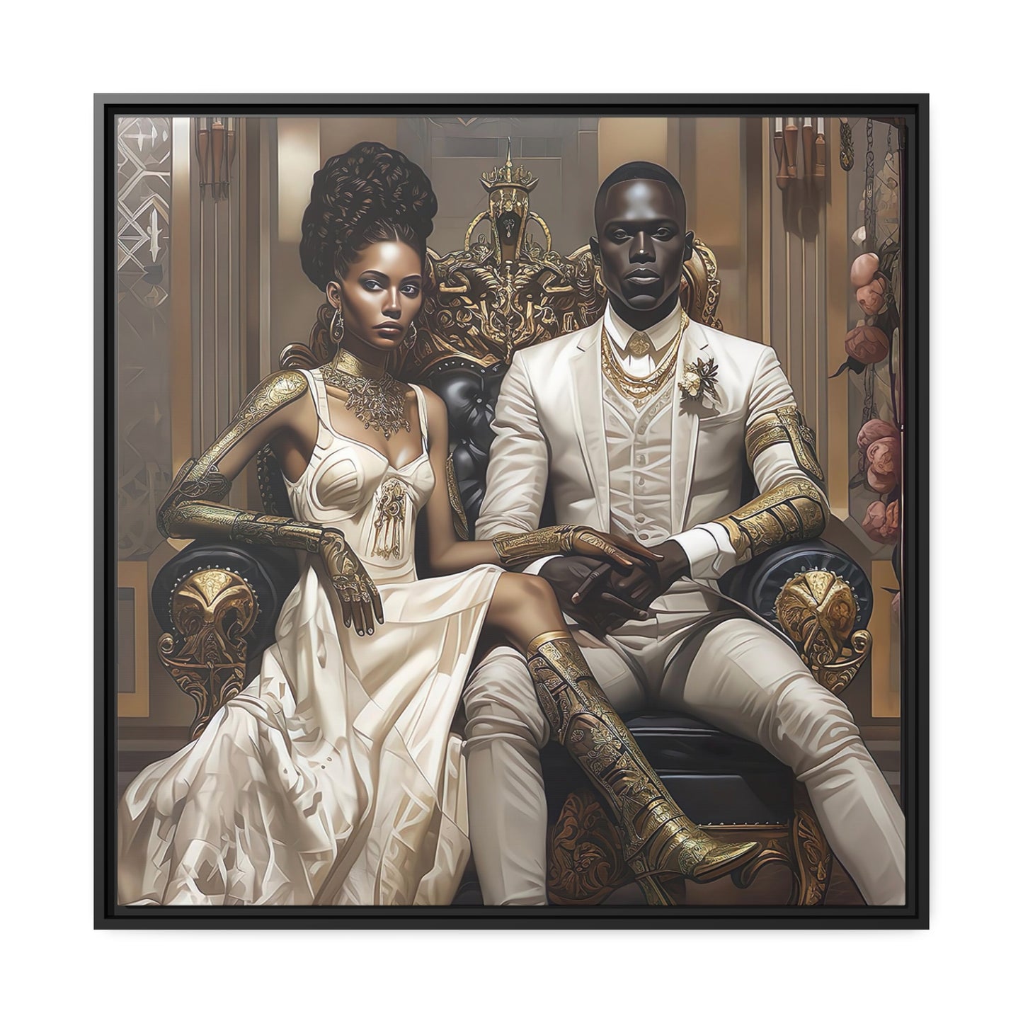 Regal Couple Matte Canvas, Zwart Frame - Muurkunst - Zwarte kunst - Ai Art --- Muurkunst - Afrofuturisme