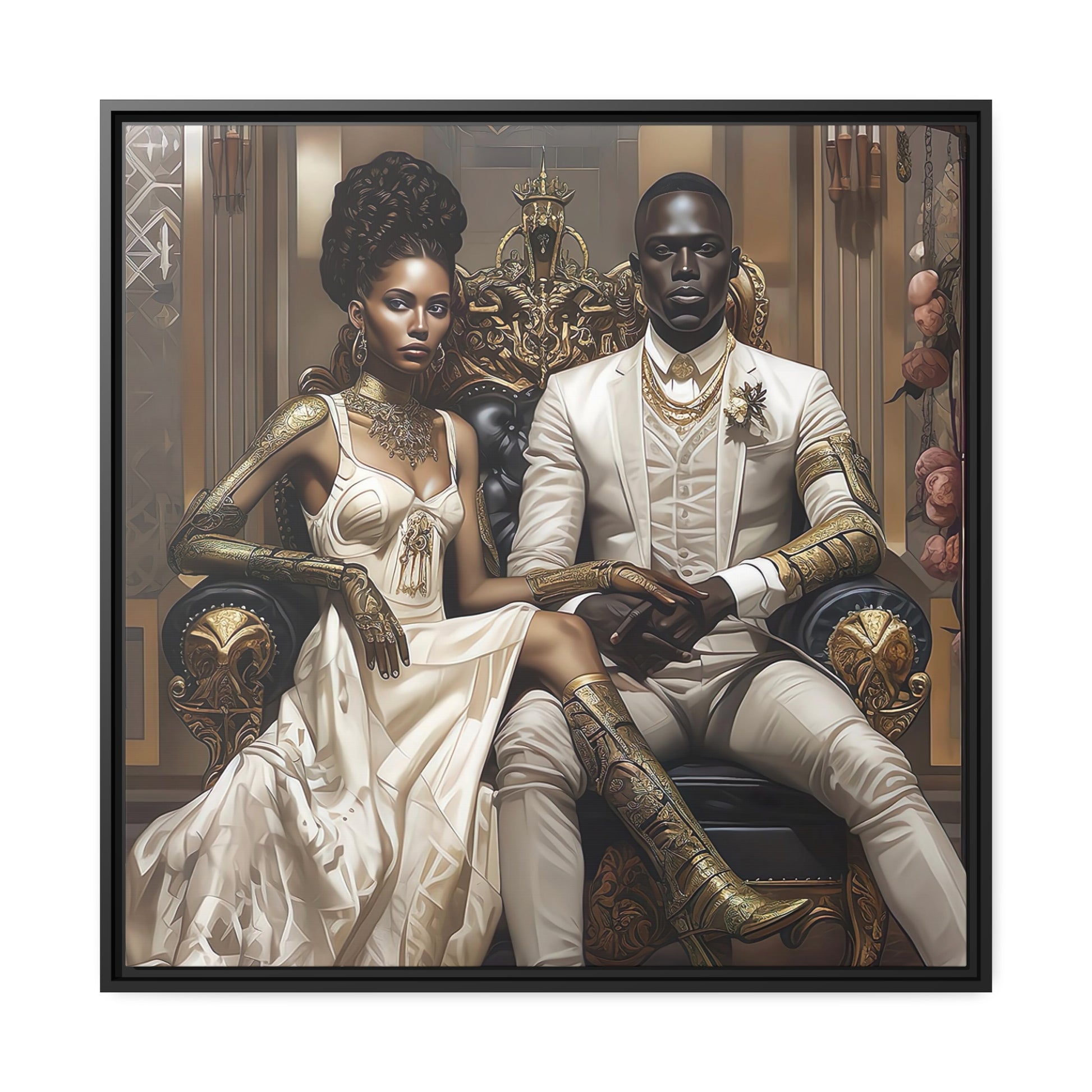 Regal Couple Matte Canvas, Black Frame - Wall Art - Black Art - Ai Art --- Wall Art - Afrofuturism - Owndigiart