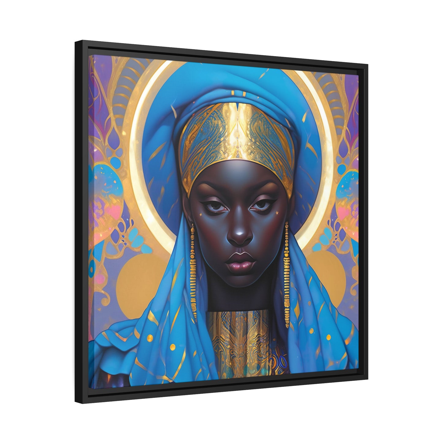 Betoverende blauwe en gouden surrealistische canvasprint - mat canvas, zwart frame