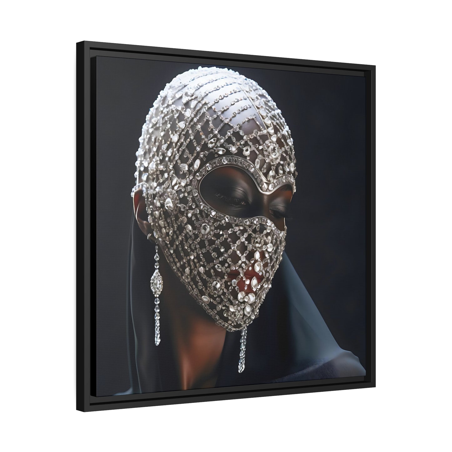 Abstracte vrouw met diamantmasker mat canvas, zwart frame - kunst aan de muur - digitale print - cadeau-ideeën