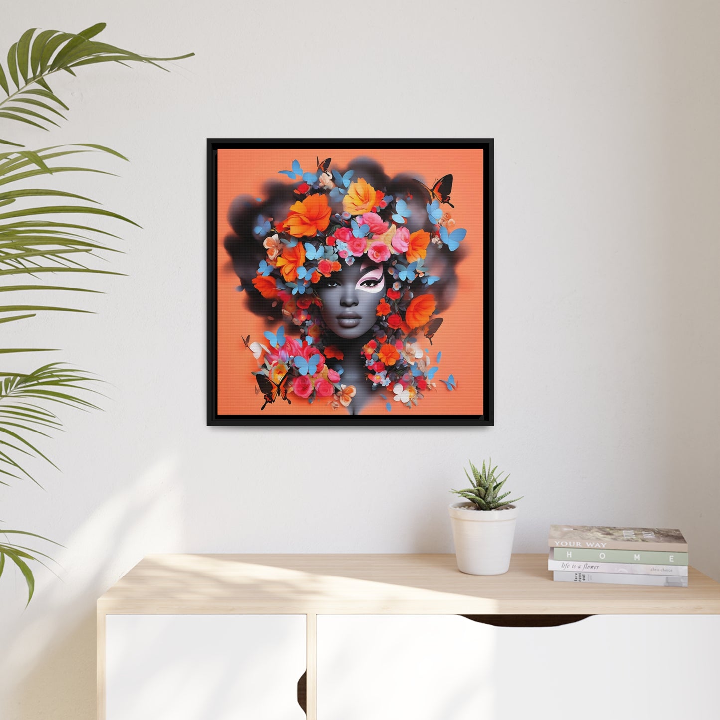 Modern Wall Decor - Black Woman Art with Floral AccentsMatte Canvas, Black Frame