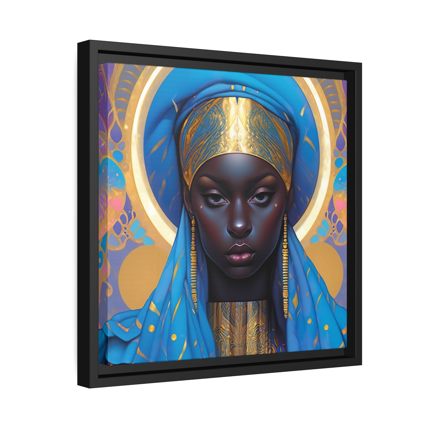 Betoverende blauwe en gouden surrealistische canvasprint - mat canvas, zwart frame