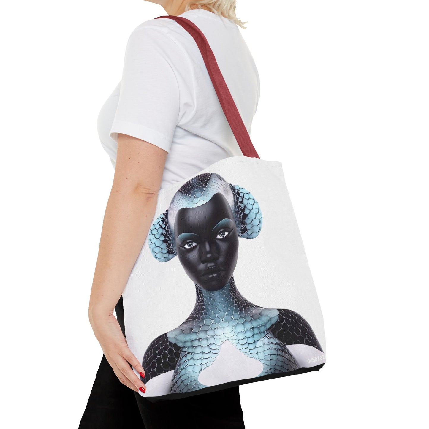 Blue Texture - AI Art - Abstract Woman with Fish Scale Textures - Tote Bag - Gift Idea - Fashion Accessories - Black Art