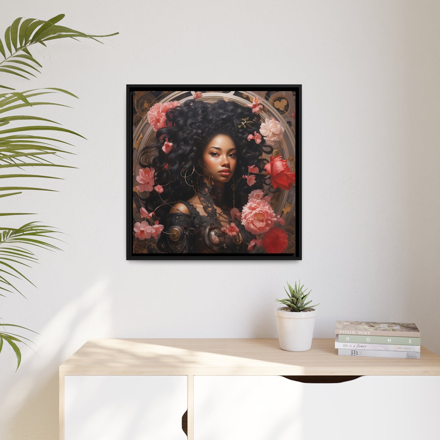 Afrofuturisme canvas digitale kunst van een mooie vrouw met bloemen - mat canvas, zwart frame, kunst aan de muur, cadeau-ideeën, zwarte kunst