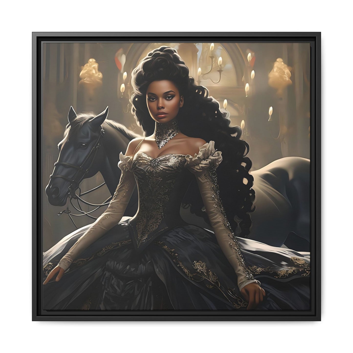 Enchanting Digital Canvas Print of a Beautiful Black Princess with Her Horse - Canvas, Black Frame - Wall Art - Fairytale Ai Art