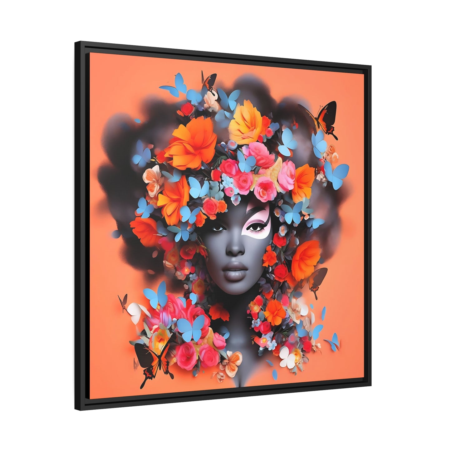 Modern Wall Decor - Black Woman Art with Floral AccentsMatte Canvas, Black Frame