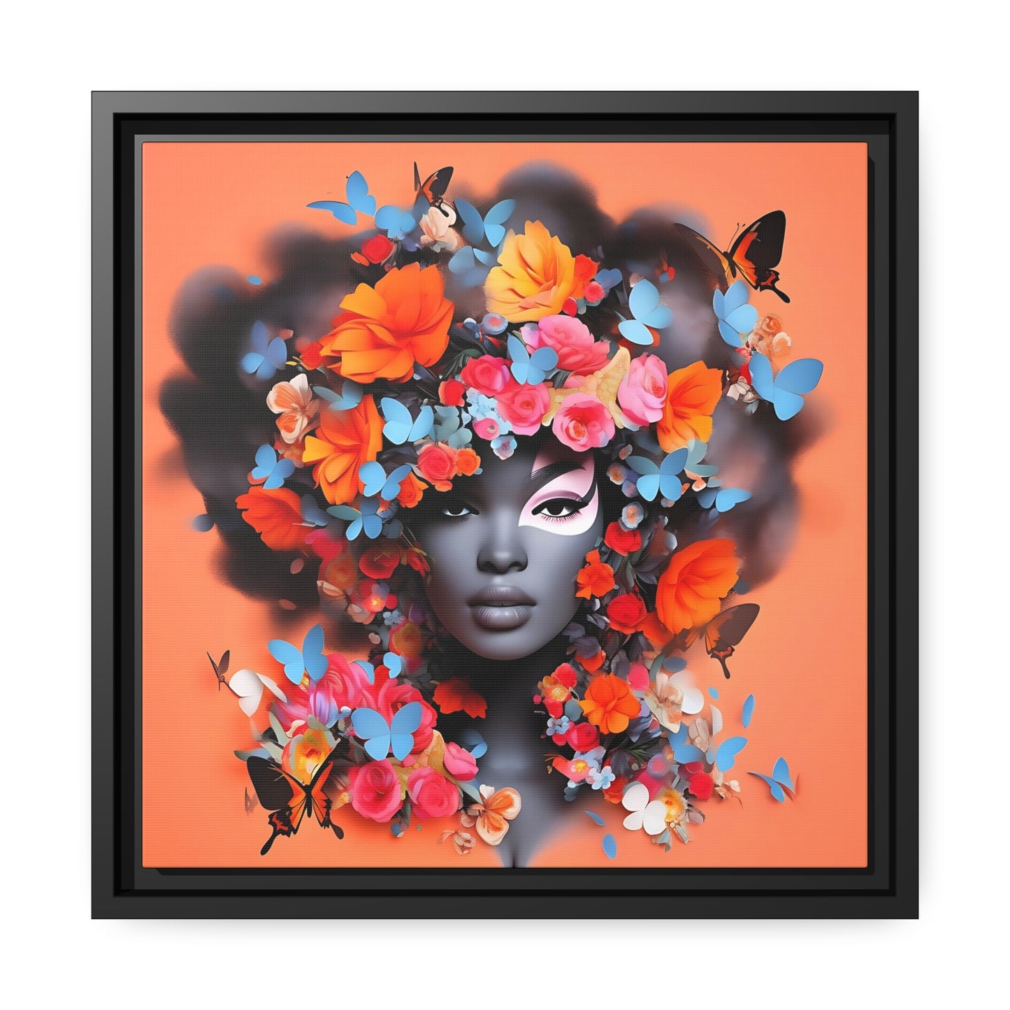 Modern Wall Decor - Black Woman Art with Floral AccentsMatte Canvas, Black Frame