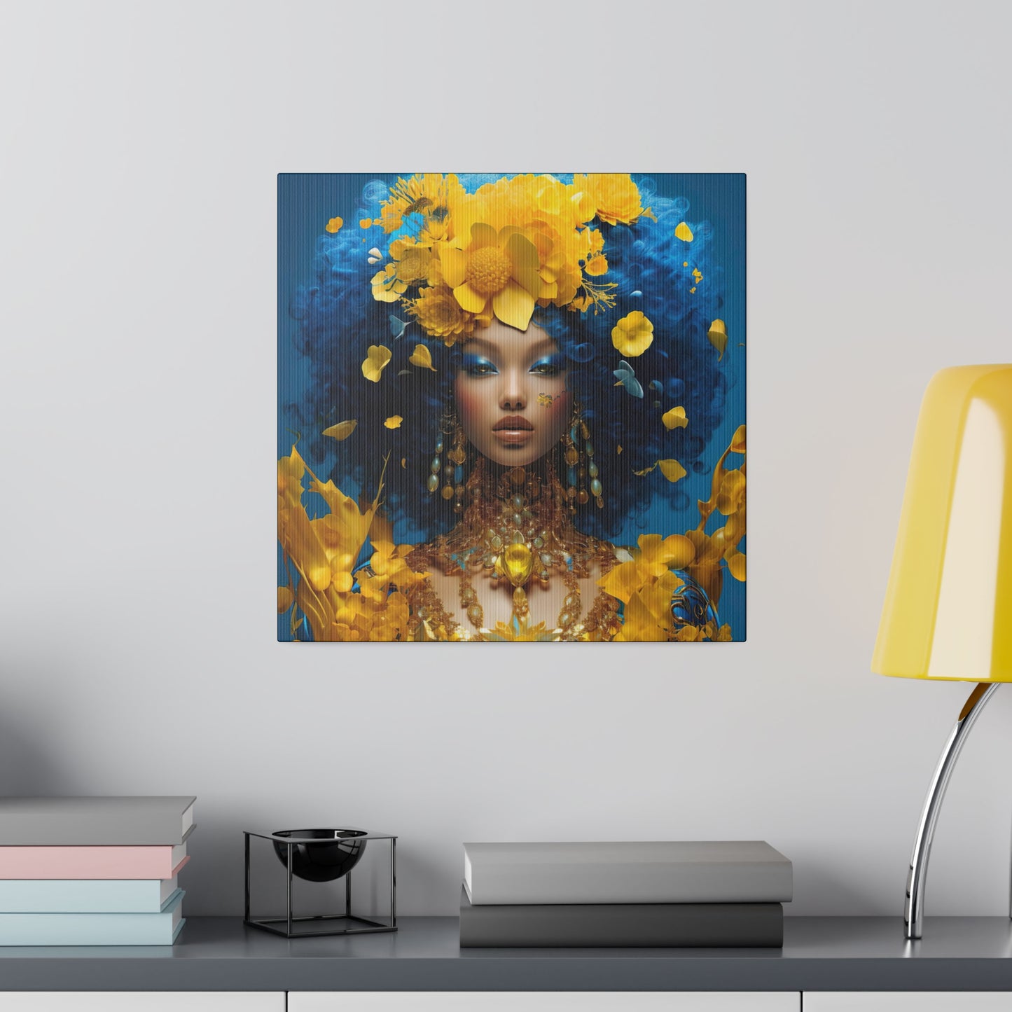 Oogverblindende digitale canvasprint: mooie vrouw met blauw haar en gouden juwelen - hedendaagse kunst aan de muur decor - mat canvas, uitgerekt, 0,75"