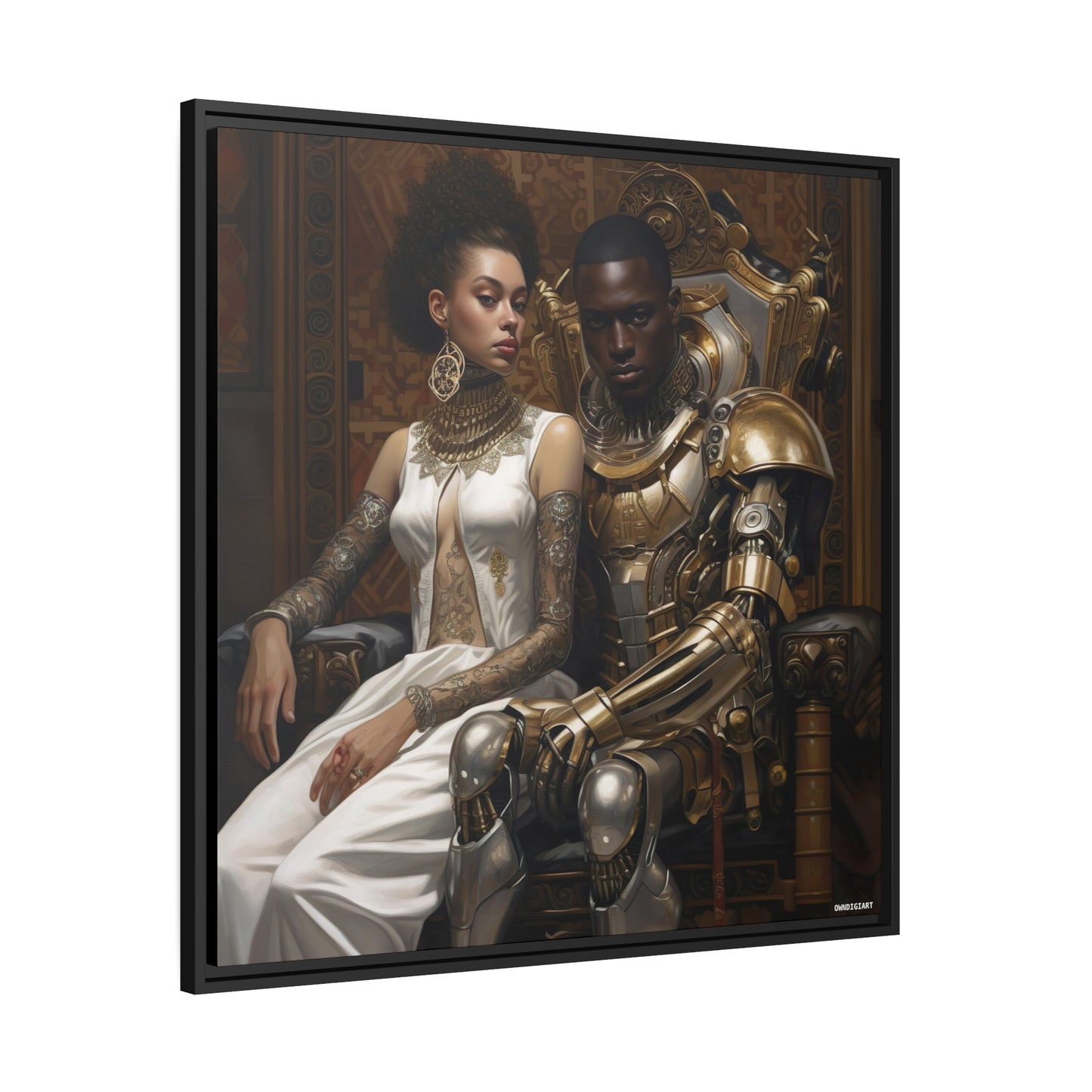 Regal Couple 03 Matte Canvas, Black Frame - Wall Art - Black Art - Ai Art --- Wall Art - Afrofuturism - Cyber Art - Modern Art