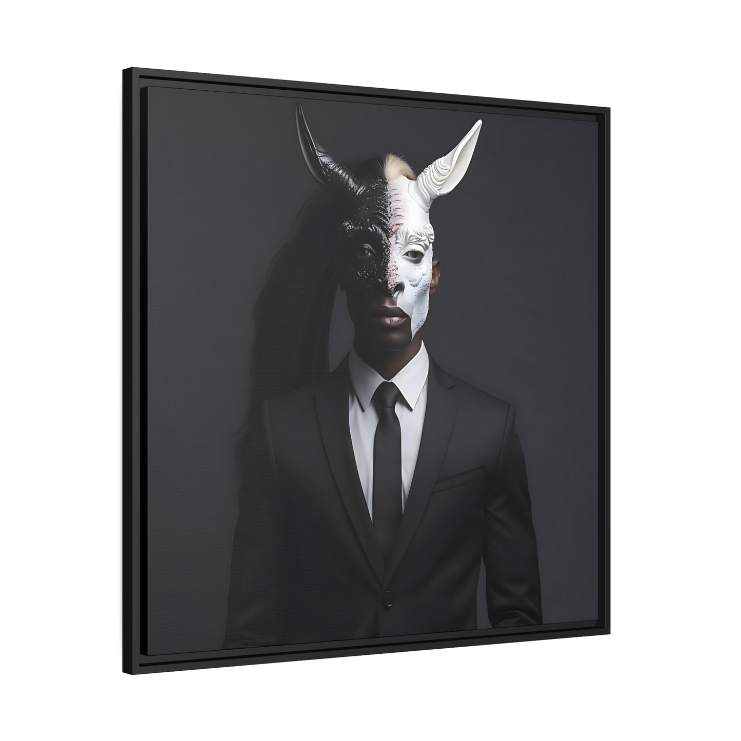 Digital Canvas Print - Man in Black Suit with Merging Horse/Unicorn Head - Dark Art, Surreal Wall Decor - Matte Canvas, Black Frame