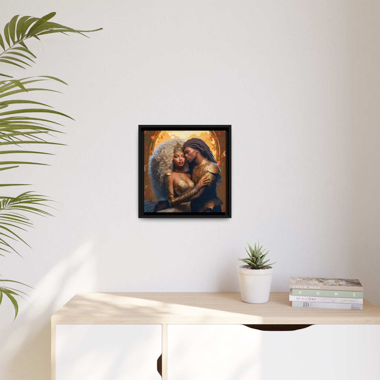 Black Goddess and Prince Fantasy Gold Digital Canvas Print - Matte Canvas, Black Frame - Wall Art - Black Fantasy - Art - Home Decor