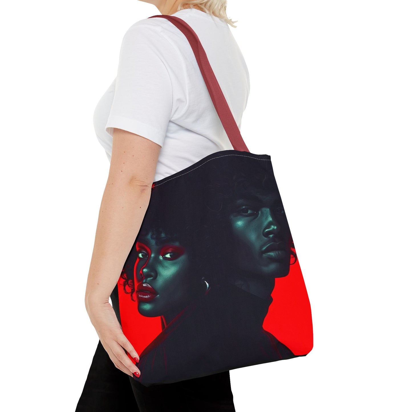 Retro Afro Couple Tote Bag - Stylish Red and Black Digital Print - Unique Fashion Accessory - Tote Bag (AOP) - Gift Idea