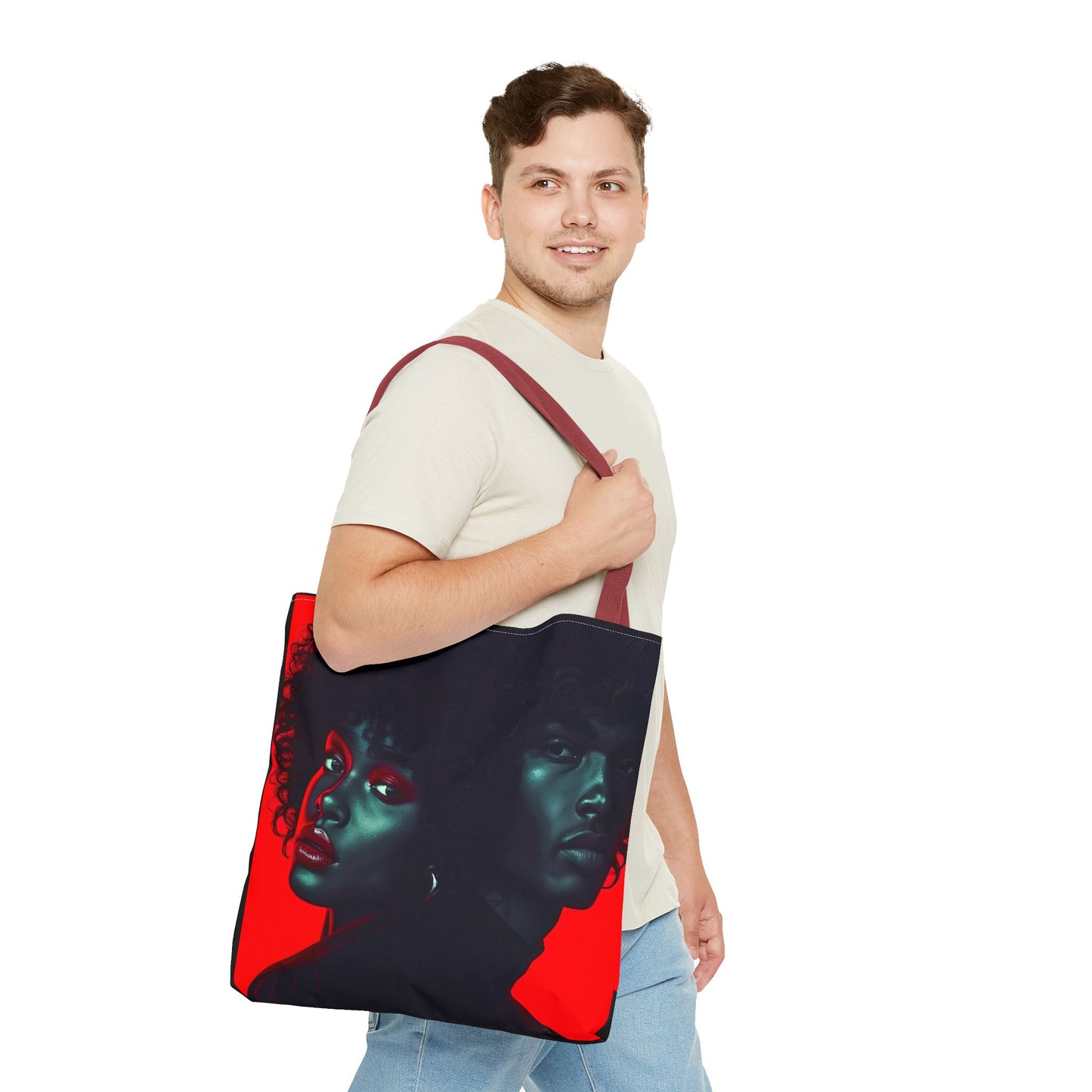 Retro Afro Couple Tote Bag - Stylish Red and Black Digital Print - Unique Fashion Accessory - Tote Bag (AOP) - Gift Idea