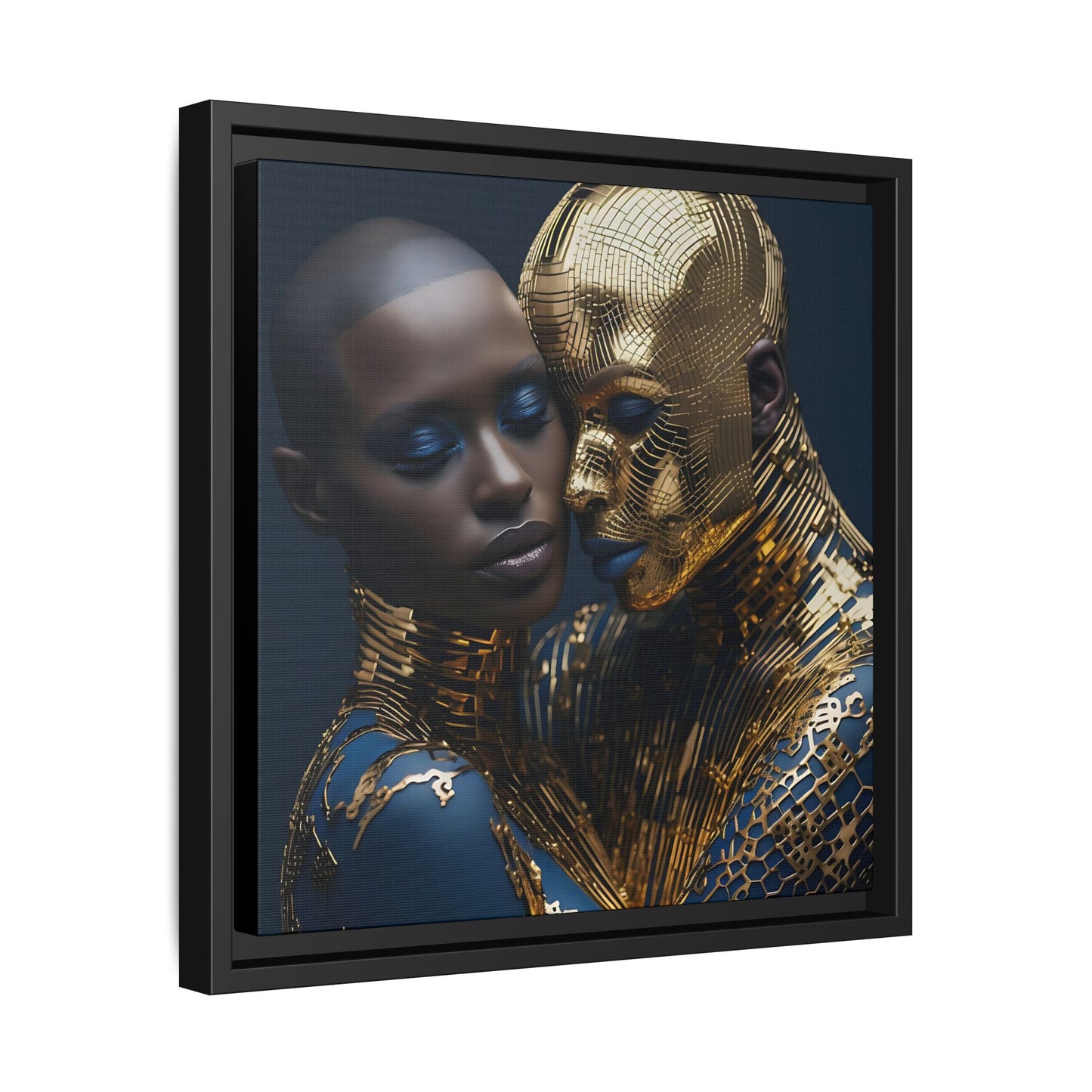 Golden Embrace - Black Couple Digital Canvas Print - Gold and Navy Decor -  Matte Canvas, Black Frame - Wall Art - Gift Ideas