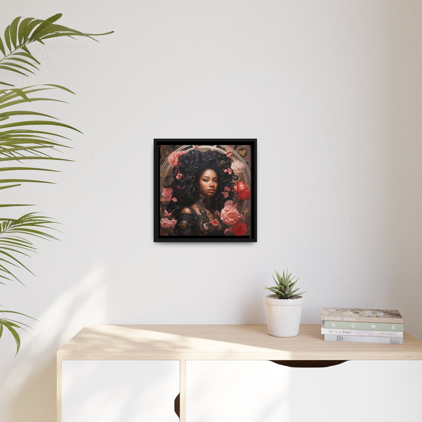 Afrofuturisme canvas digitale kunst van een mooie vrouw met bloemen - mat canvas, zwart frame, kunst aan de muur, cadeau-ideeën, zwarte kunst