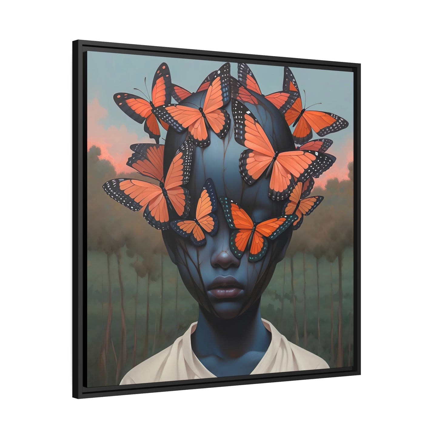 Emotive Digital Canvas Print:  Emotional Butterfly Face - Unique Wall Art Decor - Matte Canvas, Black Frame