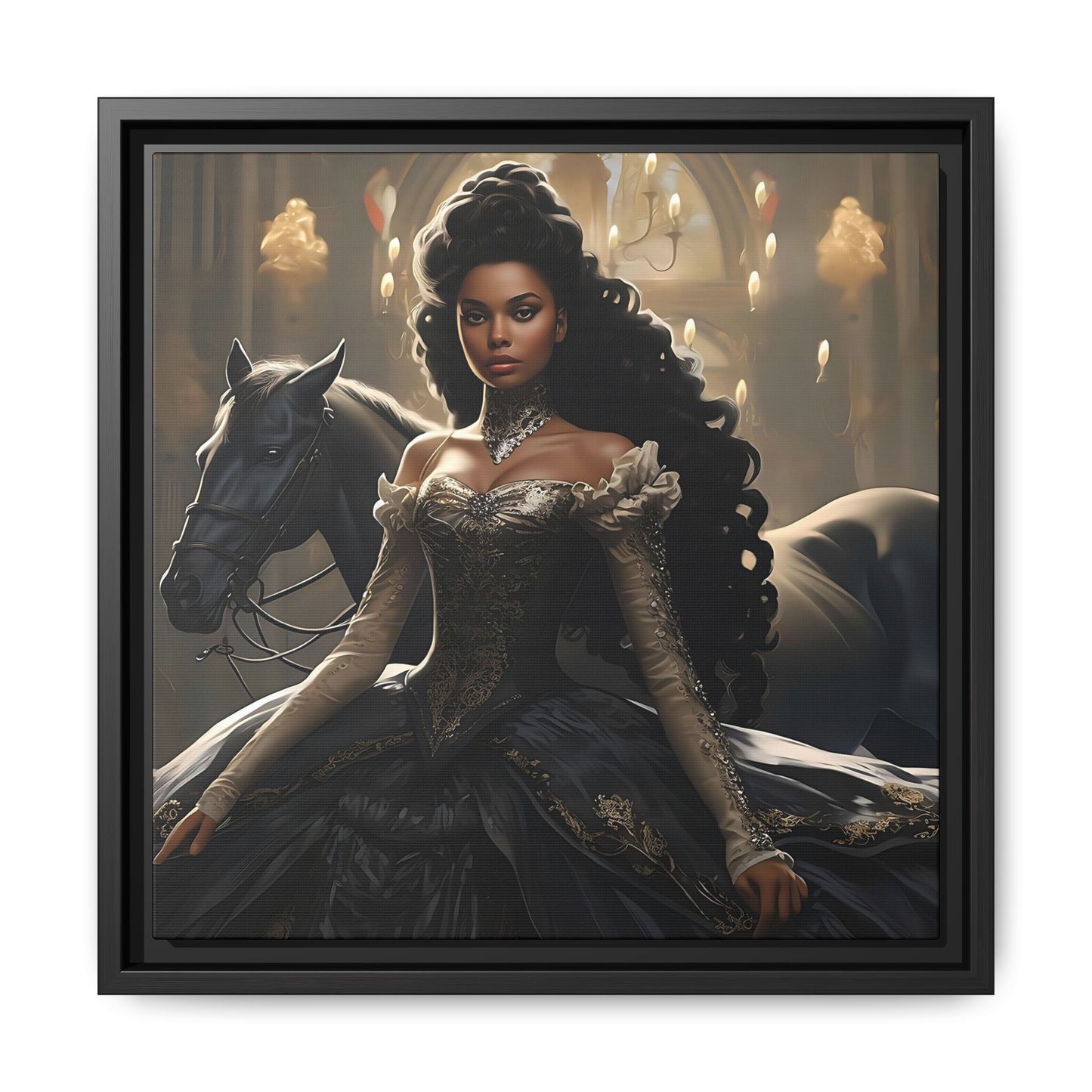 Enchanting Digital Canvas Print of a Beautiful Black Princess with Her Horse - Canvas, Black Frame - Wall Art - Fairytale Ai Art