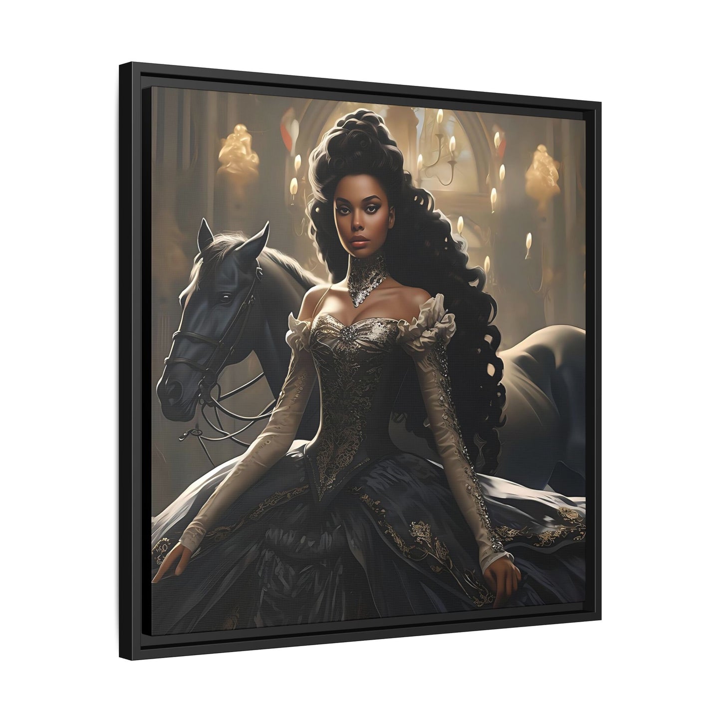 Enchanting Digital Canvas Print of a Beautiful Black Princess with Her Horse - Canvas, Black Frame - Wall Art - Fairytale Ai Art