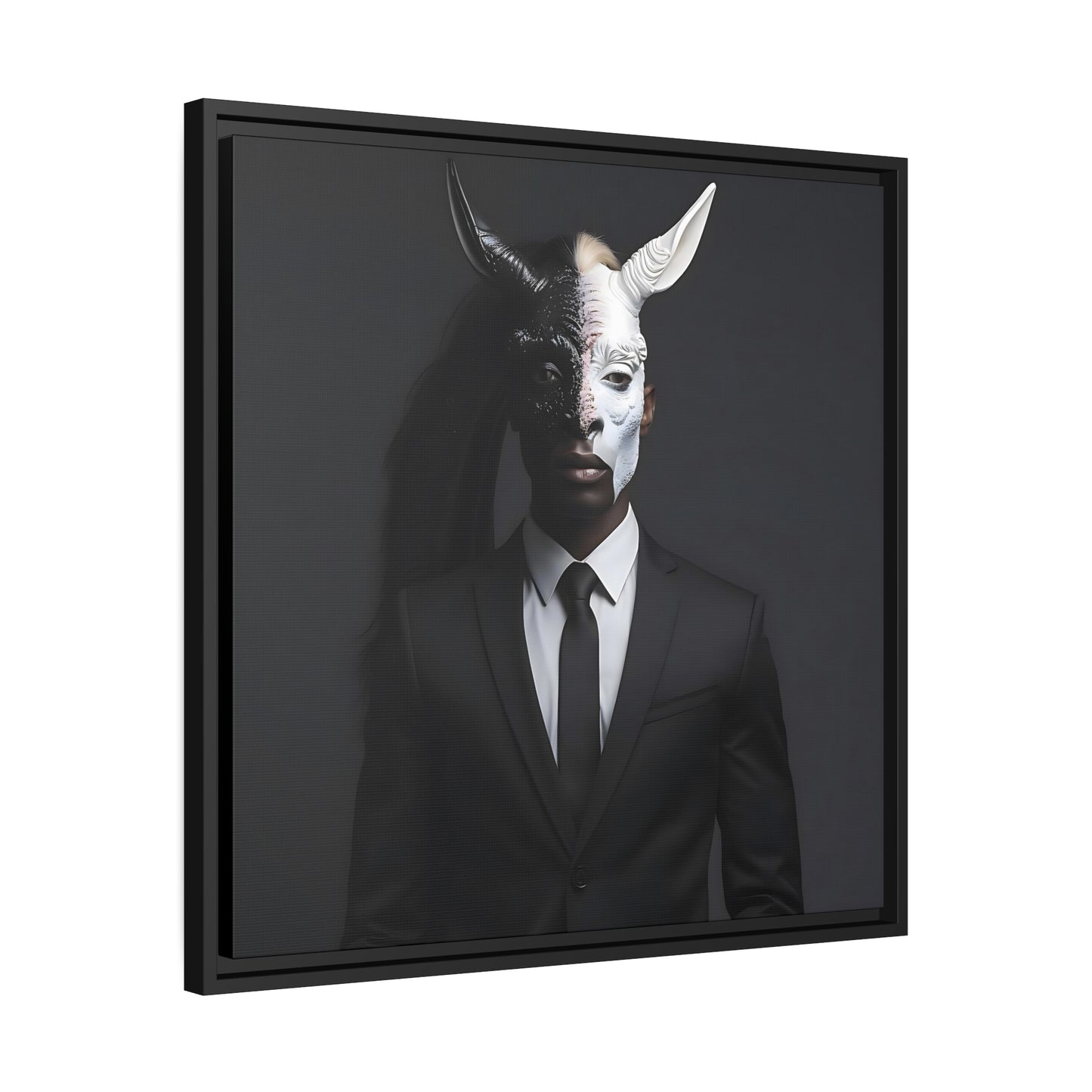 Digital Canvas Print - Man in Black Suit with Merging Horse/Unicorn Head - Dark Art, Surreal Wall Decor - Matte Canvas, Black Frame