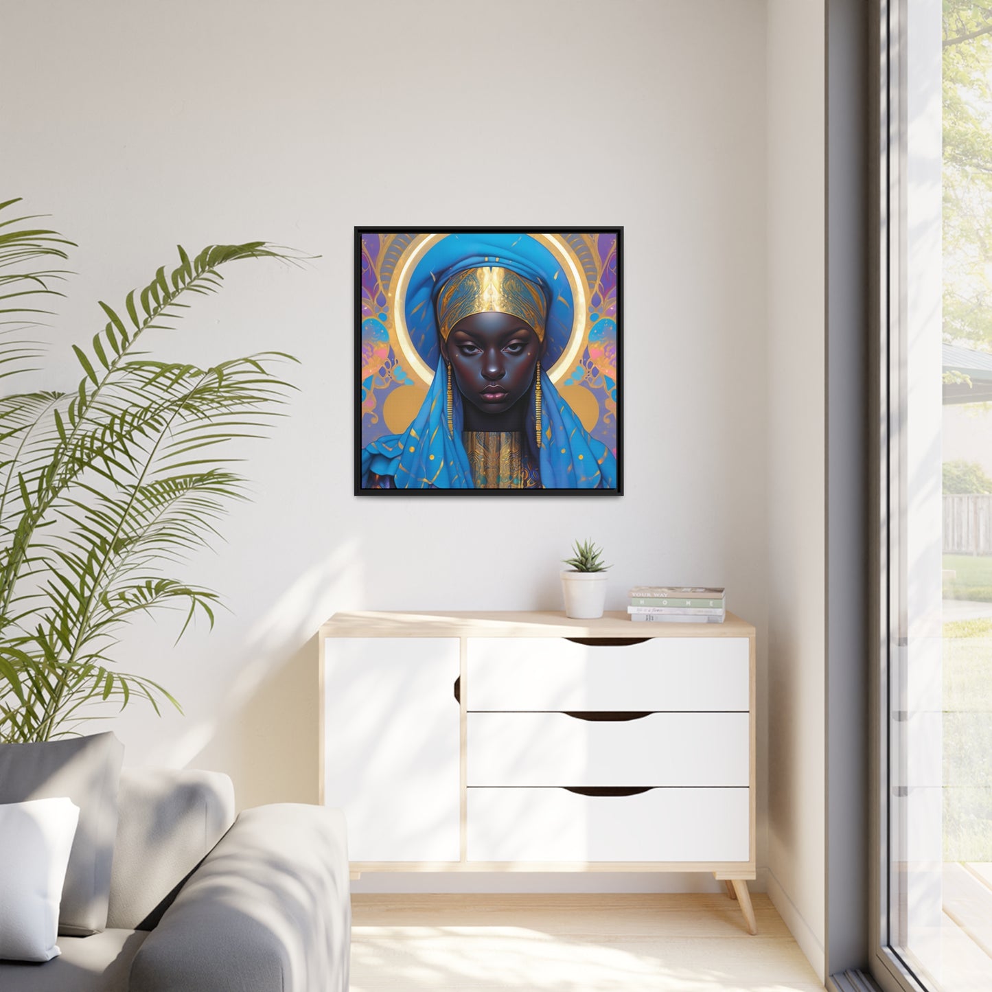 Betoverende blauwe en gouden surrealistische canvasprint - mat canvas, zwart frame