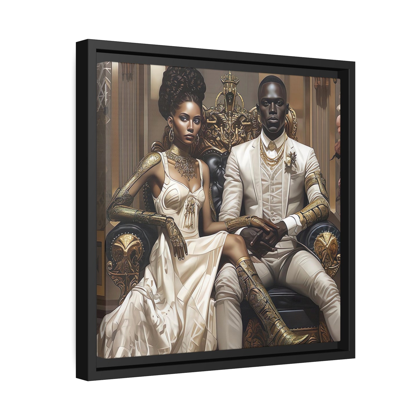 Regal Couple Matte Canvas, Black Frame - Wall Art - Black Art - Ai Art --- Wall Art - Afrofuturism