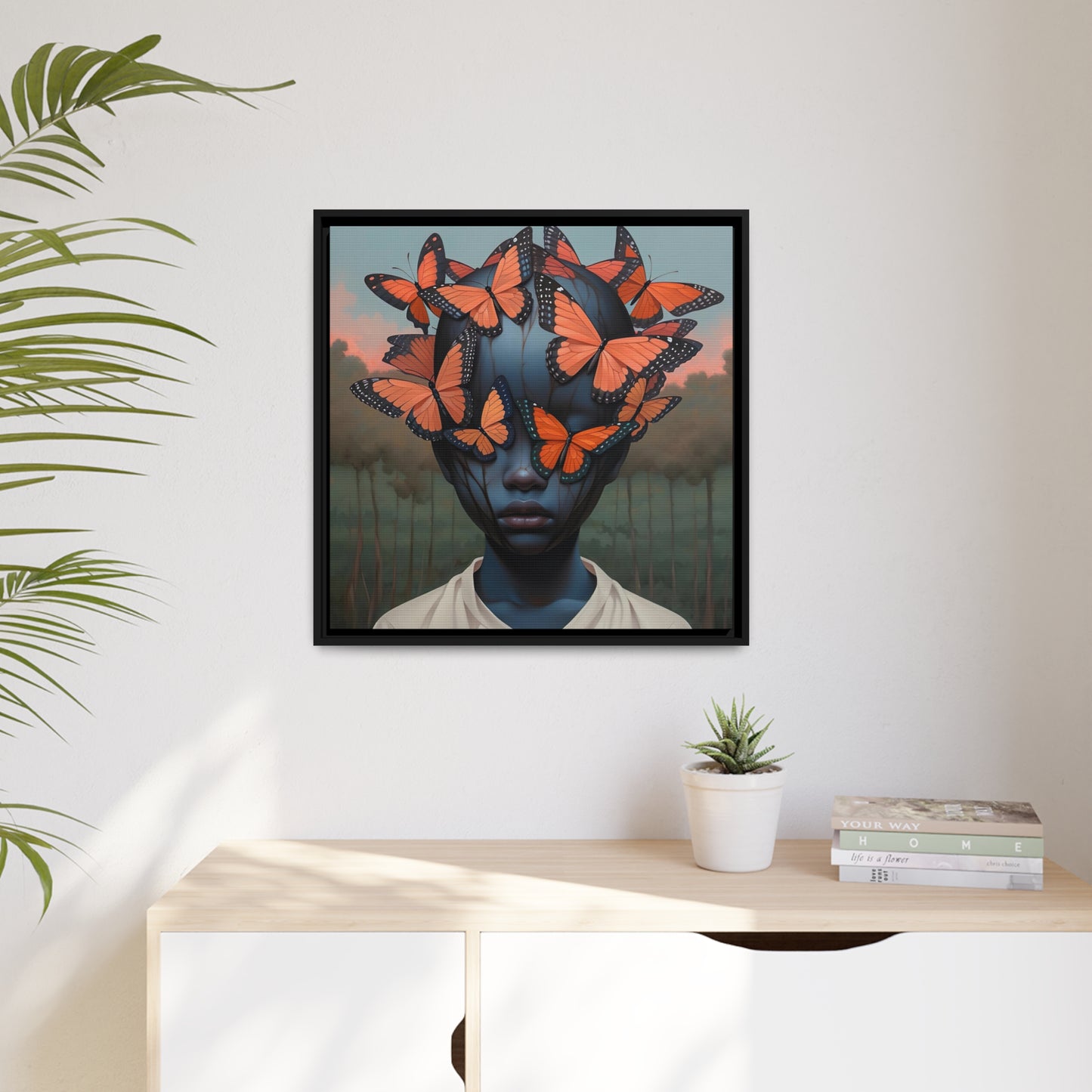 Emotionele digitale canvasprint: Emotioneel vlindergezicht - Uniek kunstdecor aan de muur - Mat canvas, zwart frame