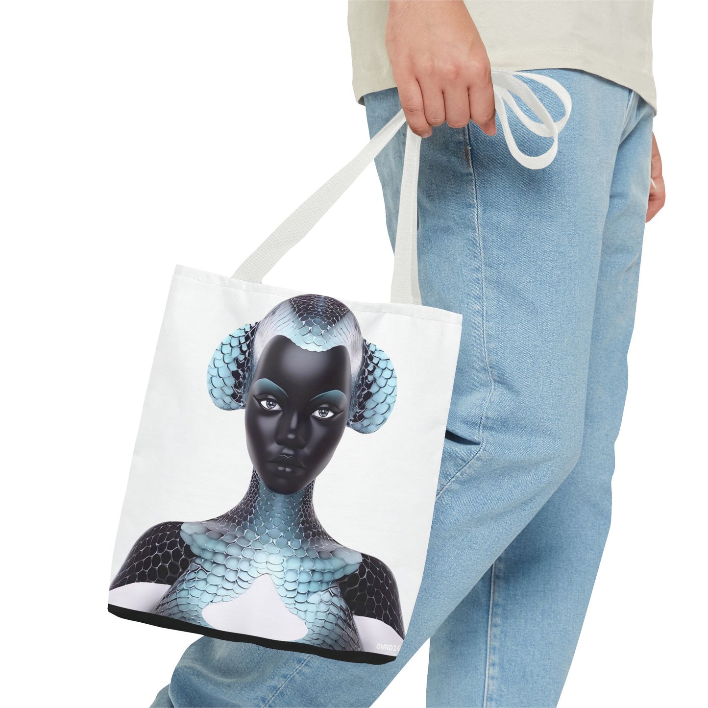 Blue Texture - AI Art - Abstract Woman with Fish Scale Textures - Tote Bag - Gift Idea - Fashion Accessories - Black Art