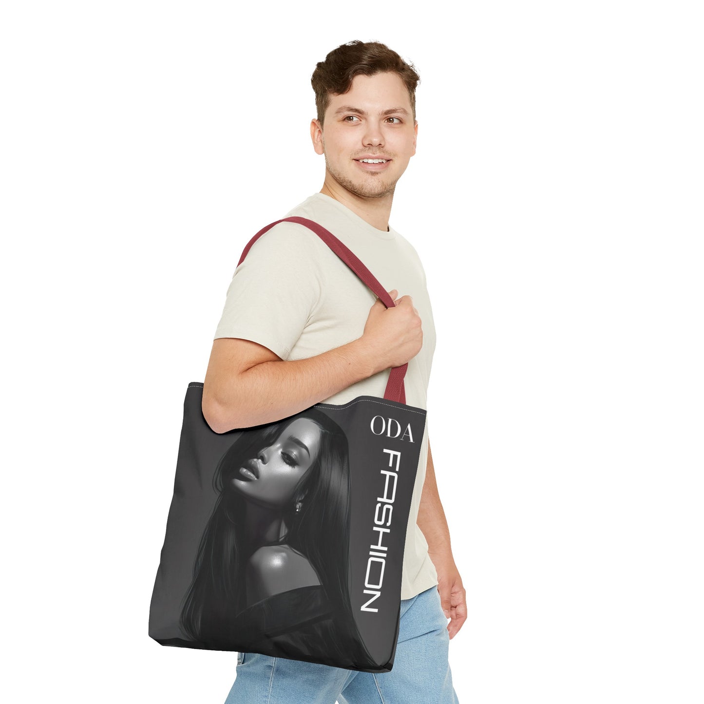 Chic Tote Bag with Digital Print - Woman in Black and Grey - 'ODA Fashion' Statement Piece - Unique Gift Idea - On Trend